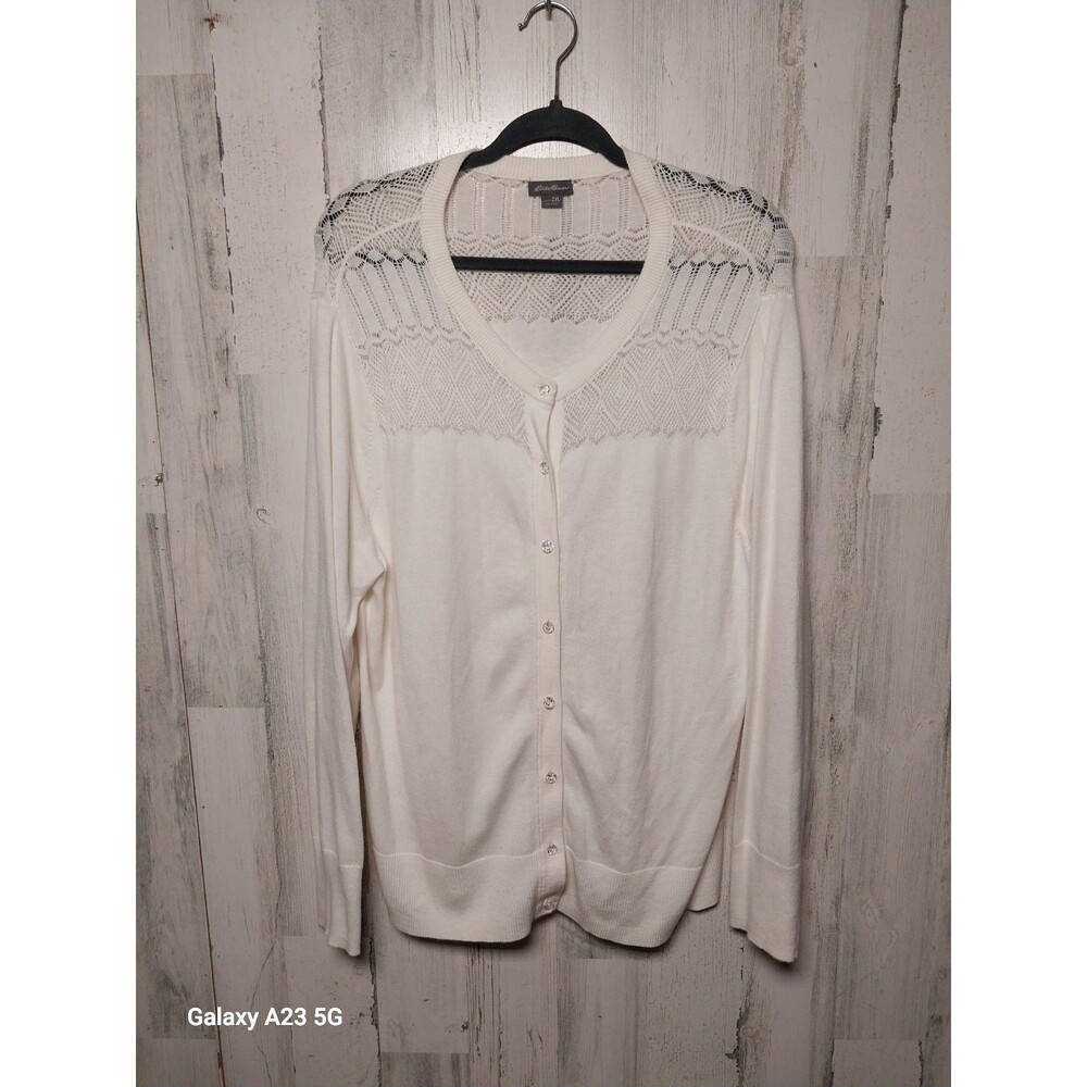 Eddie Bauer Pointelle Knit Yoke Cardigan Sweater 2XL Cream